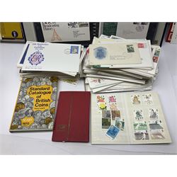 Stamps including Great British and Channel Islands first day covers, with various postmarks and genres, reference material etc, housed in various folders and loose, in one box