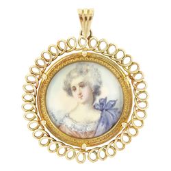 14ct gold portrait portrait pendant, set with a circular miniature of a woman after Elisab...