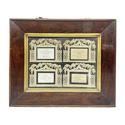 Four Victorian memorial cards, each with pierced and embossed borders, in period mahogany frame