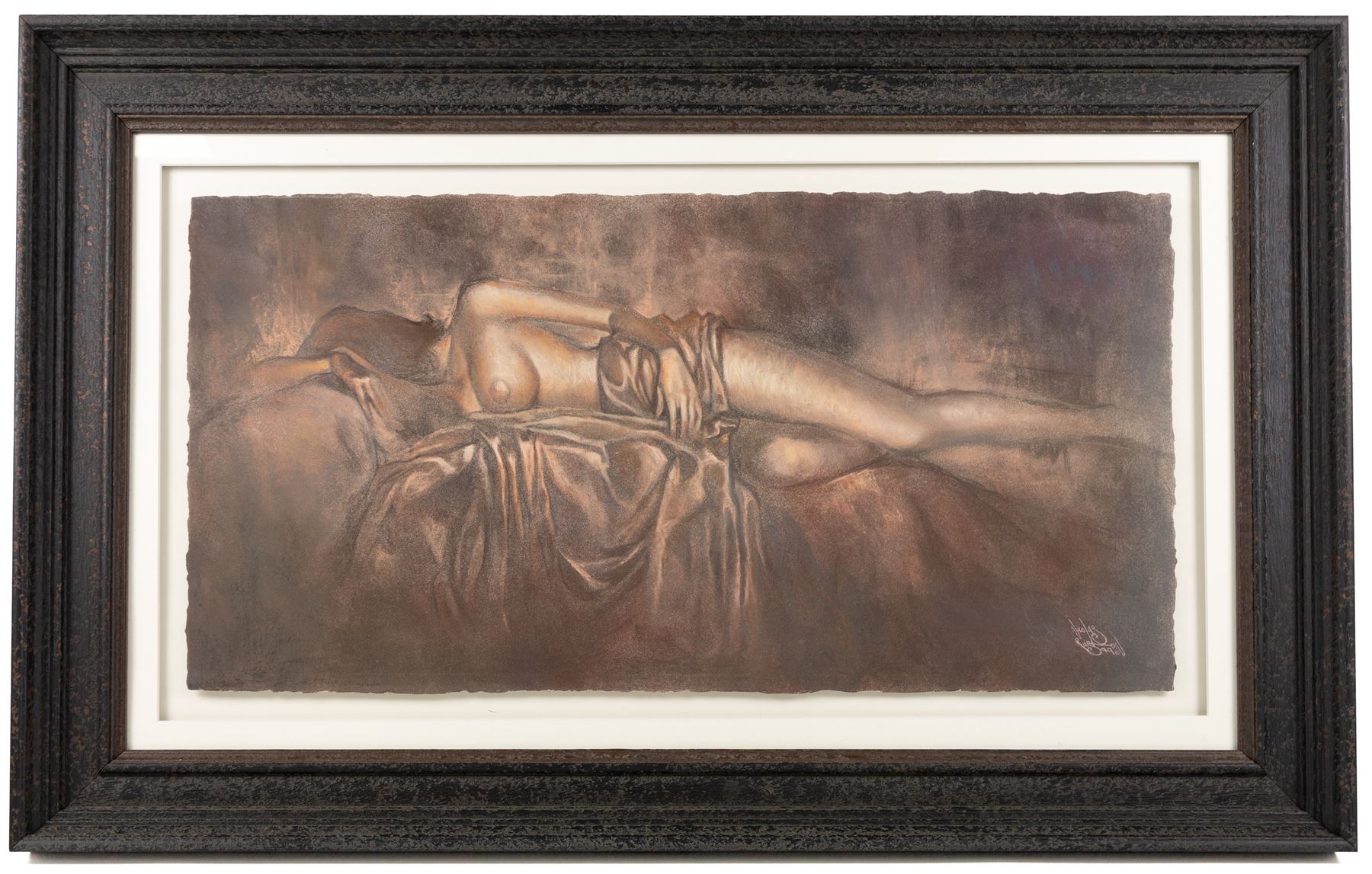 Nicolas Ruston (British 1975-): Reclining Nudes, pair of mixed media signed and dated '99, 38cm x 74cm (2)