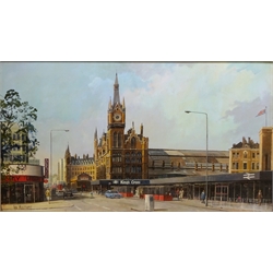 Don Micklethwaite (British 1936-): Kings Cross & St Pancras, oil on canvas board signed 49cm x 91cm  