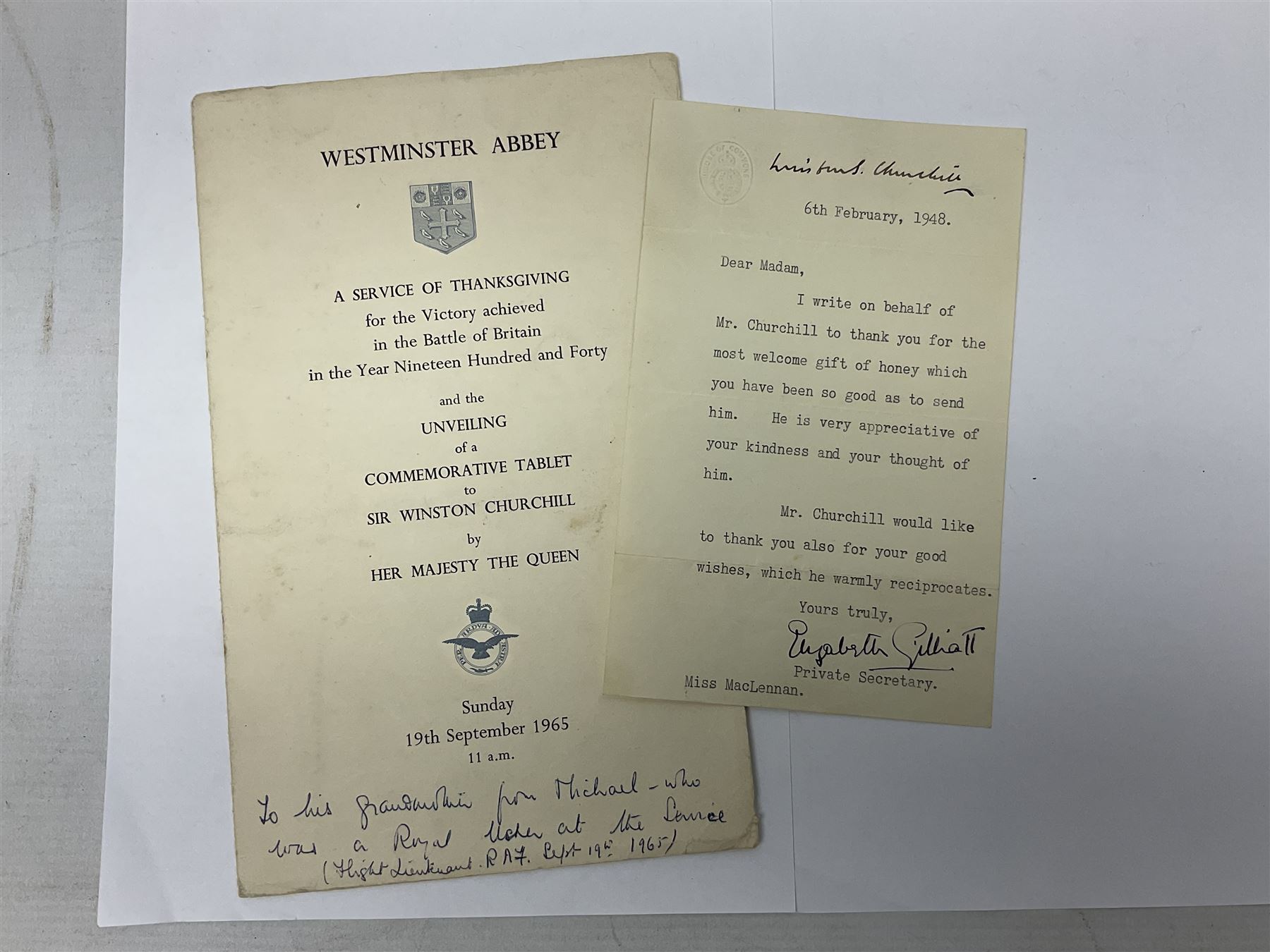 CHURCHILL WINSTON S.: (1874-1965) British Prime Minister 1940-45, 1951-55. Nobel Prize winner for Literature, 1953; post-WW2 T.L.S., to Miss Maclellan from Elizabeth Gilliatt Private Secretary thanking her on behalf of Churchill 
