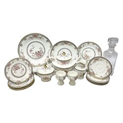 Royal Doulton Canton pattern tea and dinner wares comprising teapot, milk jug, twin handled lidded sucrier, cake plate, six dinner plates, six side plates, five smaller plates, five saucers and pair of candlestick holders, together with Sevres clear glass decanter with faceted sides and stopper, all with marks beneath