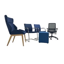 Elite - black office swivel chair (W61cm H98cm); together with Elite - pair office armchairs and high back office chair, upholstered in navy blue; and office cube