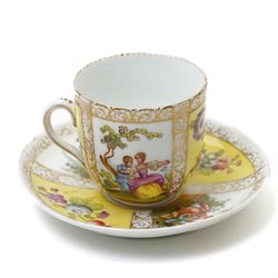 Collection of Helena Wolfsohn Dresden porcelain works, comprising a quatrefoil dish, D24cm, a chocolate cup with socketed saucer, two teacups, one with saucer, and a pair of twin-handled covered cups, each decorated with panels of flowers and courting scenes, various blue marks to bases