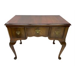 George III design mahogany low boy, rectangular top fitted with three drawers, raised on cabriole supports with shell moulding, with pad feet