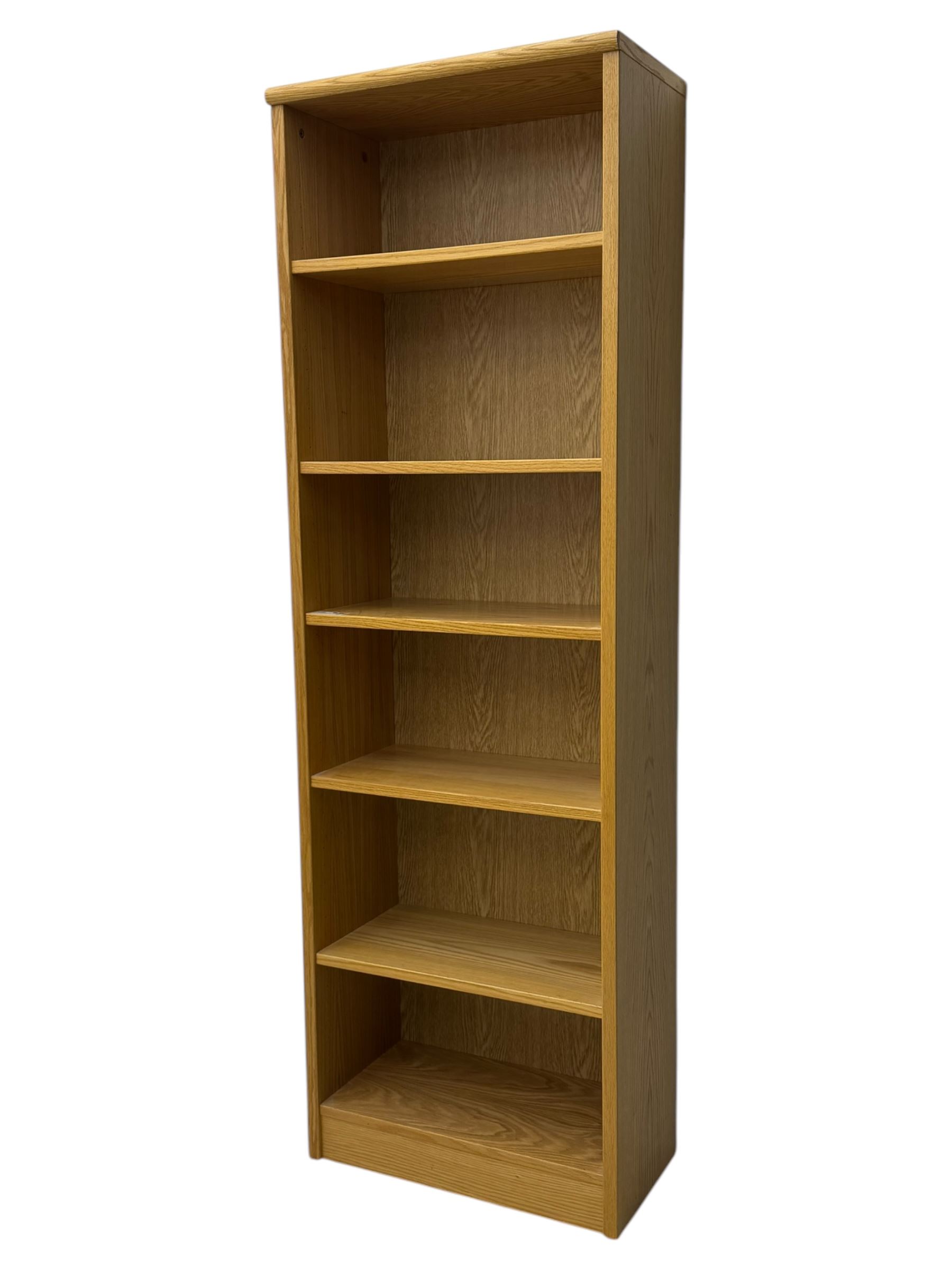 Light oak 6' open bookcase, five adjustable shelves