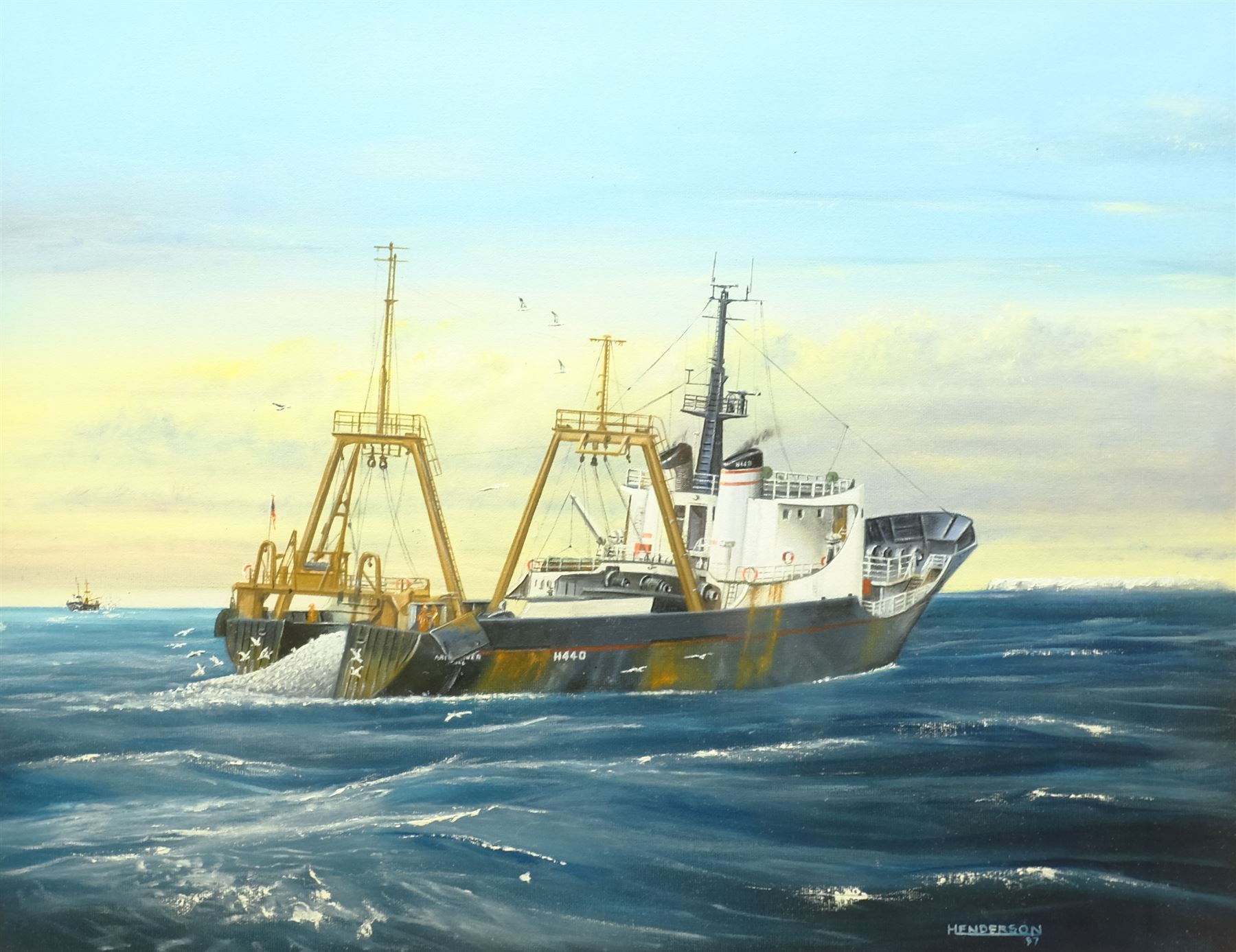 Ronald Henderson (British 20th century): 'M.V. Arctic Raider' - Hull Trawler Ship's Portrait, gouache signed and dated '97, artist's Tyne & Wear address label verso 45cm x 58cm; and After Adrian Thompson (British 1960-): 'Arctic Raider', colour print signed in pencil 39cm x 49cm (2)