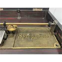 Late 19th century Symphonion disc musical box for spares or repair, inlaid walnut case with front lever action, playing 25.5cm discs on a 10.5cm steel comb with forty-nine teeth, musical scene of cherubs under the lid, L33cm; together with twelve 25.5cm discs