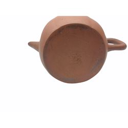 Chinese red terracotta teapot, the body of subtly lobed form with removable strainer, and melon shaped finial to the cover, with impressed mark beneath, H12cm