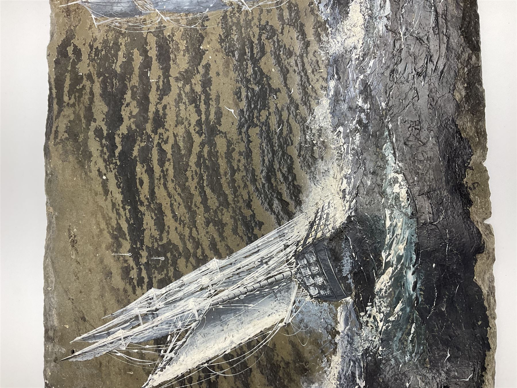 Michael J Whitehand (British 1941-): Three oil paintings of ships on slate signed, largest H40cm, L75cm