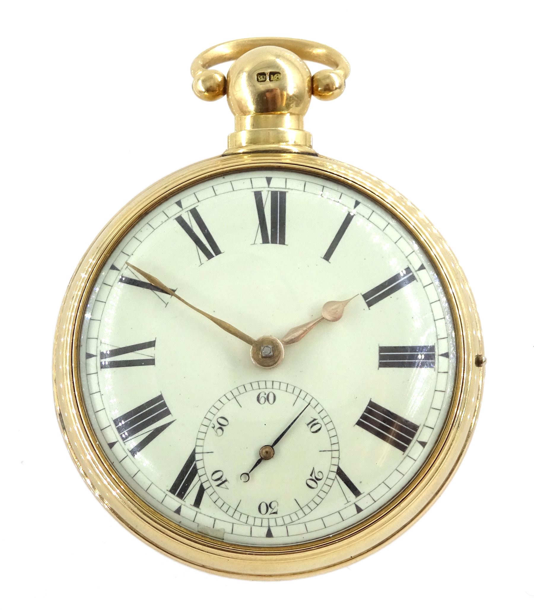 George III 18ct gold pair cased English lever fusee pocket watch by John Bolton, Durham, No. 844, round baluster pillars, engraved balance cock with flower decoration and diamond endstone, stop/work lever, cream enamel dial with Roman numerals and subsidiary seconds dial, case makers mark V&R, Chester 1819
