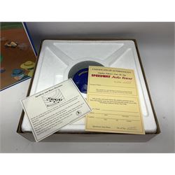 Schylling - six tinplate models comprising Sir Ian’s Bluebird racing car, Speedway Auto Racer, two Aluminium Airships, Tin Speedboat and Ernest in the Music Box; all in original boxes 