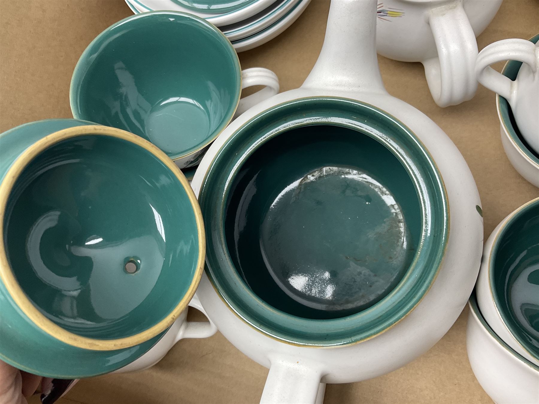 Denby Green Wheat pattern part tea and dinner wares, including serving platters, teacups, teapot, side plates, etc, all with stamped mark beneath