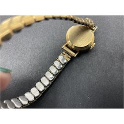 9ct gold jewellery including leaf brooch, wishbone Mizpah brooch, carnelian brooch, gold cased ladies Omega wristwatch, on leather strap and gold cased ladies Tissot wristwatch on expanding gilt strap, together with silver brooches and a Czech paste buckle, etc