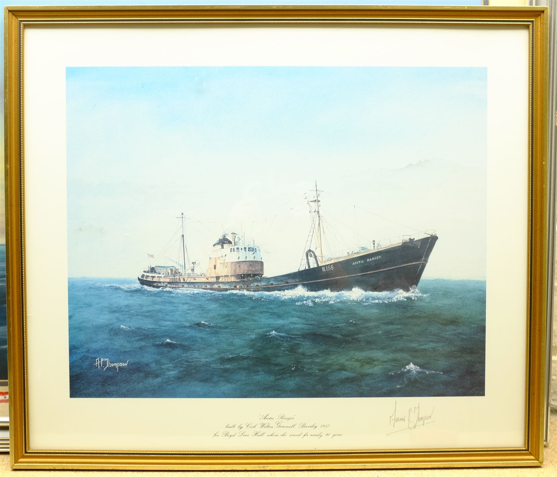 Ronald Henderson (British 20th century): 'M.V. Arctic Raider' - Hull Trawler Ship's Portrait, gouache signed and dated '97, artist's Tyne & Wear address label verso 45cm x 58cm; and After Adrian Thompson (British 1960-): 'Arctic Raider', colour print signed in pencil 39cm x 49cm (2)
