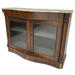 Victorian rosewood side cabinet, shaped and moulded white marble top over plain frieze, single shelf enclosed by two glazed doors, flanked by square pilasters with S-scroll carved brackets, on plinth base