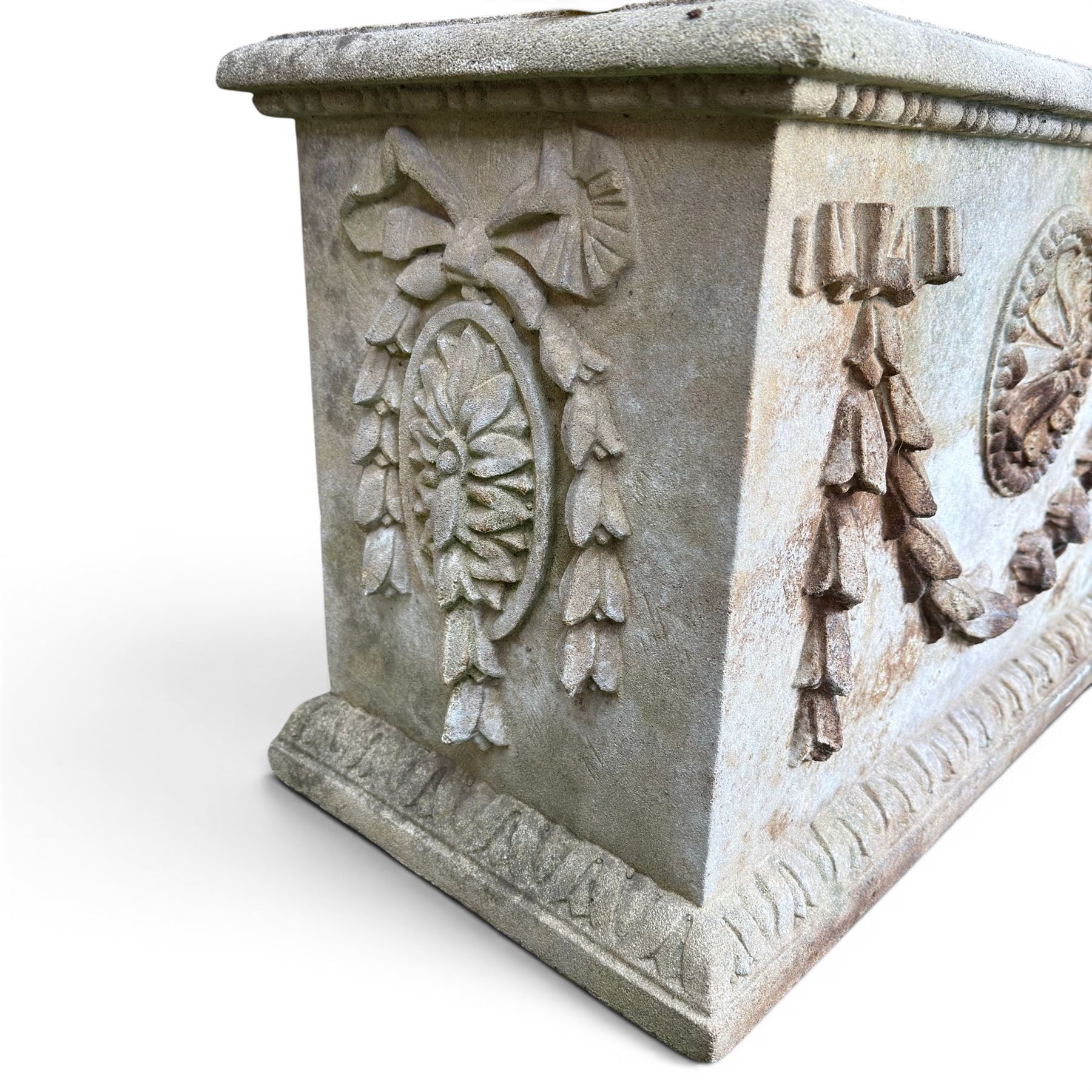 Haddon stone - cast rectangular planter, swag and motif detail, planted