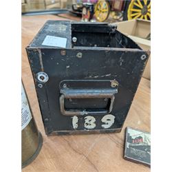 WWI brass shell case, by vendor repute salvaged from SS Cadmus wreckage site June 2007 off Flamborough Head, together with a reproduction RMS Lusitania medal in box and a metal tin