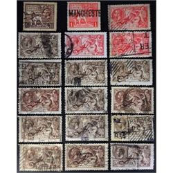  Sixteen King George V seahorses, three being 5/- red the rest 2/6 brown and one 1924 1d red and one 1924 1 1/2d brown, in three stockcards  