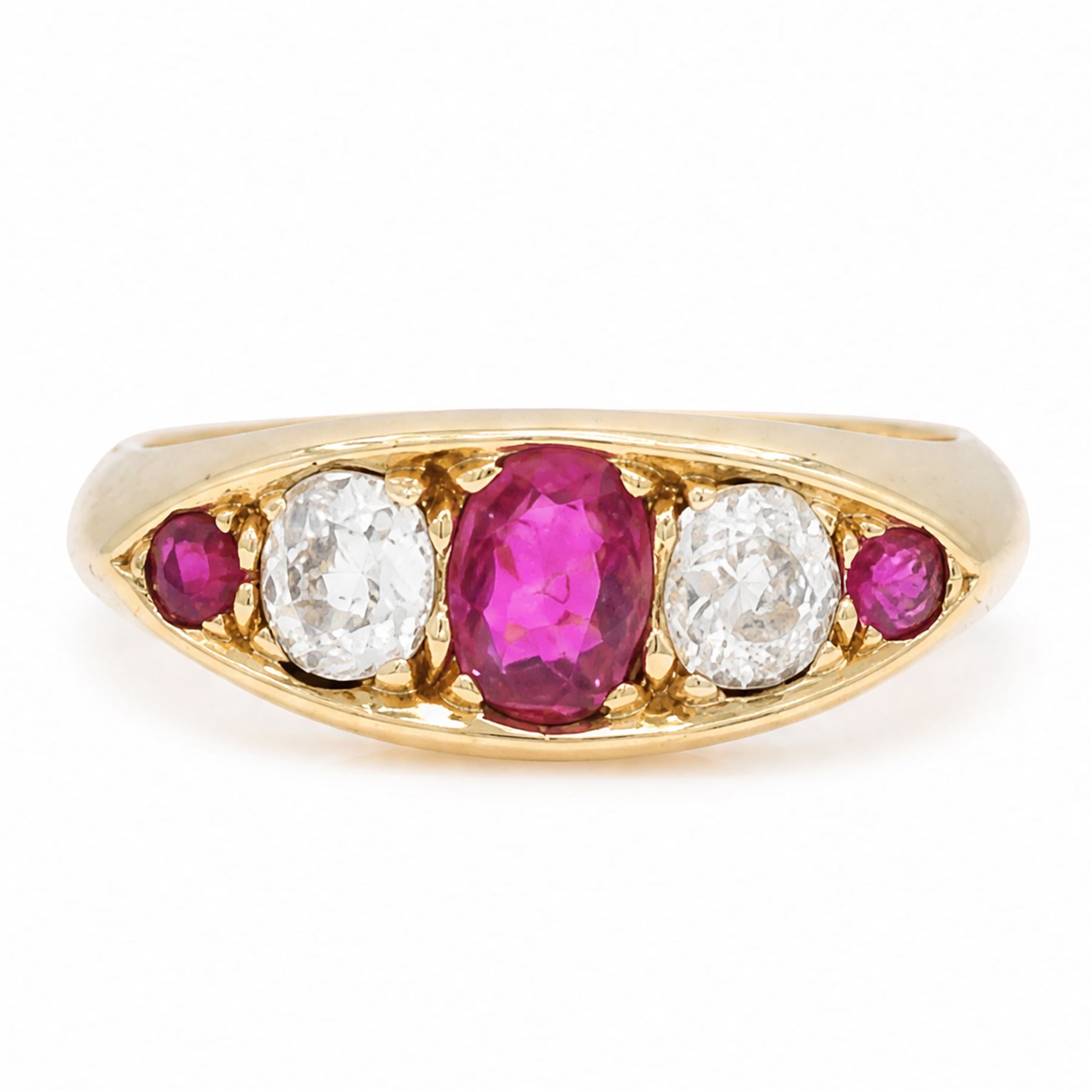 Early 20th century gold ruby and diamond five stone marquise set ring, principal oval cut ruby of approx 0.60 carat, flanked by two old cut diamonds and two round cut rubies, stamped 18ct, total diamond weight approx 0.80 carat