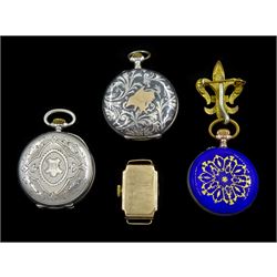 Three silver ladies cylinder fob watches, one with blue enamel case and gilt bow top, another with niello decoration and a Regency 9ct gold wristwatch
