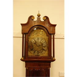  Early 19th century mahogany longcase clock, hood with swan neck pediment and checkered inlays, stepped arch glazed door enclosed by fluted columns with gilt metal capitals, figured trunk door with boxwood stringing, on ogee bracket feet, brass dial with cast gilt metal spandrels, silvered Roman chapter ring, subsidiary seconds dial, triple weight driven chiming 8-day movement, with Wittington/Westminster and chime/silent levers, chiming the quarters and striking the hours on series of eight bells and single coil, pull repeater, H243cm  Provenance - with original receipt from Geo. Bradley & Sons, Scarborough 1918 to Mr. James Johnson of Scarborough.  