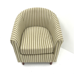  Tub chair upholstered in a beige ground striped fabric, turned tapering supports, W70cm  