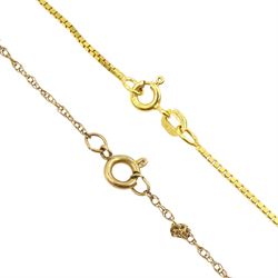 Gold circular Blue John pendant, on gold box link chain necklace and one other gold Blue John pendant necklace, all 9ct