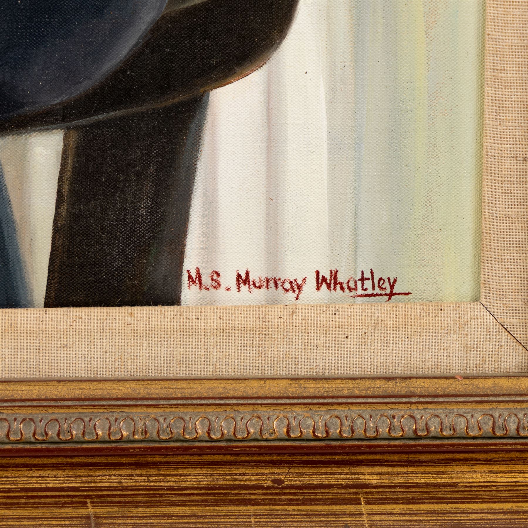 Margaret Stella Murray Whatley (British 1942-2019): Portrait of Arthur C Clarke holding a copy of 2001 A Space Odyssey, oil on canvas signed, 75cm x 64cm
Notes: This item is from the private collection of Arthur C. Clarke's brother. 