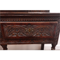  Georgian heavily carved and stained oak dresser, projecting cornice, dentil frieze, two shelves and cupboards above three drawers on turned supports, W188cm, H203cm, D48cm  
