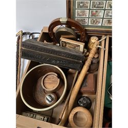 Two boxes of treen and metalware to include bowl with metal rim, gong, barometer, box, scales etc and a quantity of walking canes 