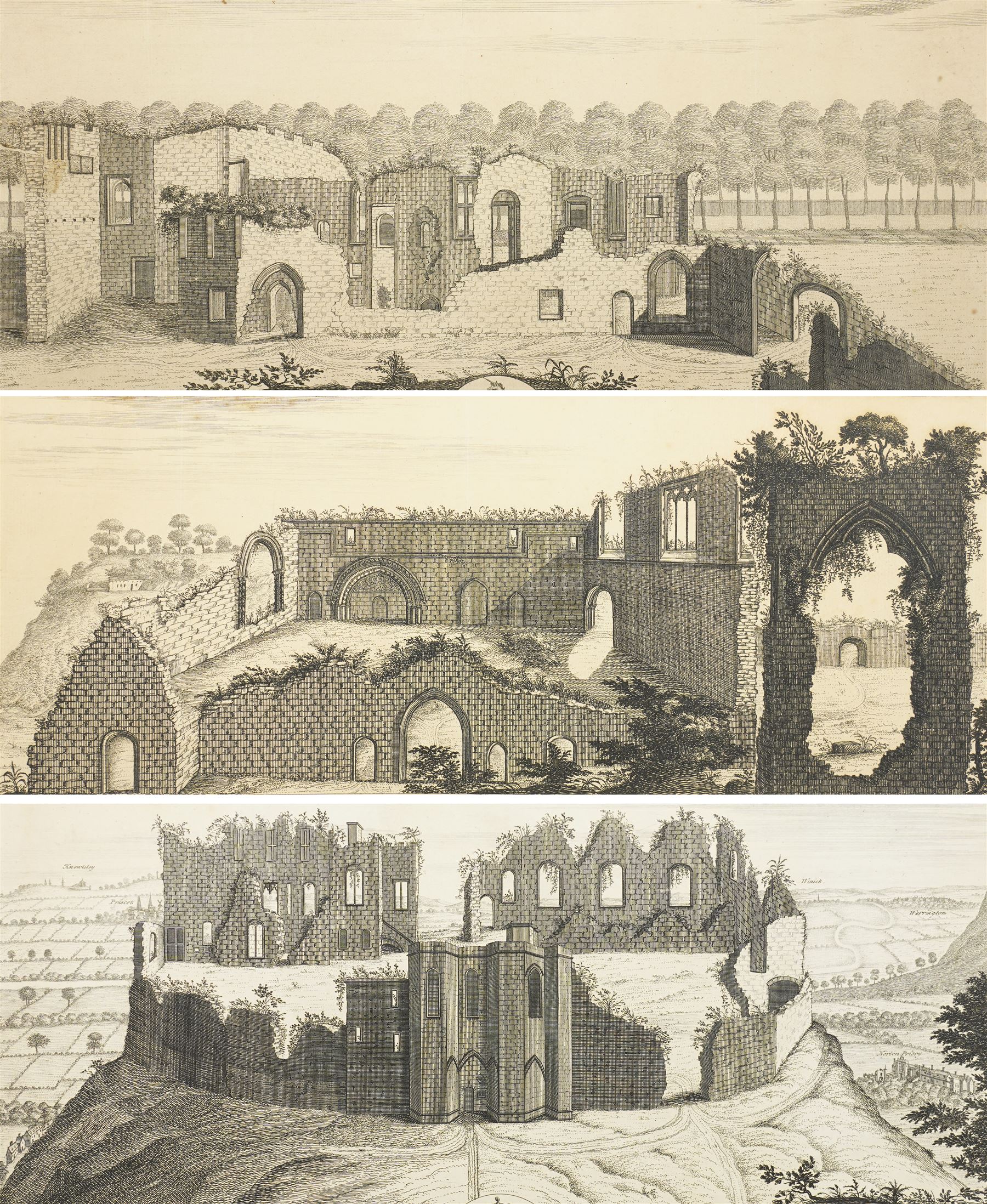 Samuel Buck (British 1696-1779) and Nathaniel Buck (British 18th century): 'West View of Codenor Castle in the County of Derby' 'East View of Dale Abby near Derby' and 'South View of Halton Castle in the County of Chester', set three 18th/19th century prospect map engravings originally pub. 1727 max 26cm x 45cm (3)
Provenance: English Heritage