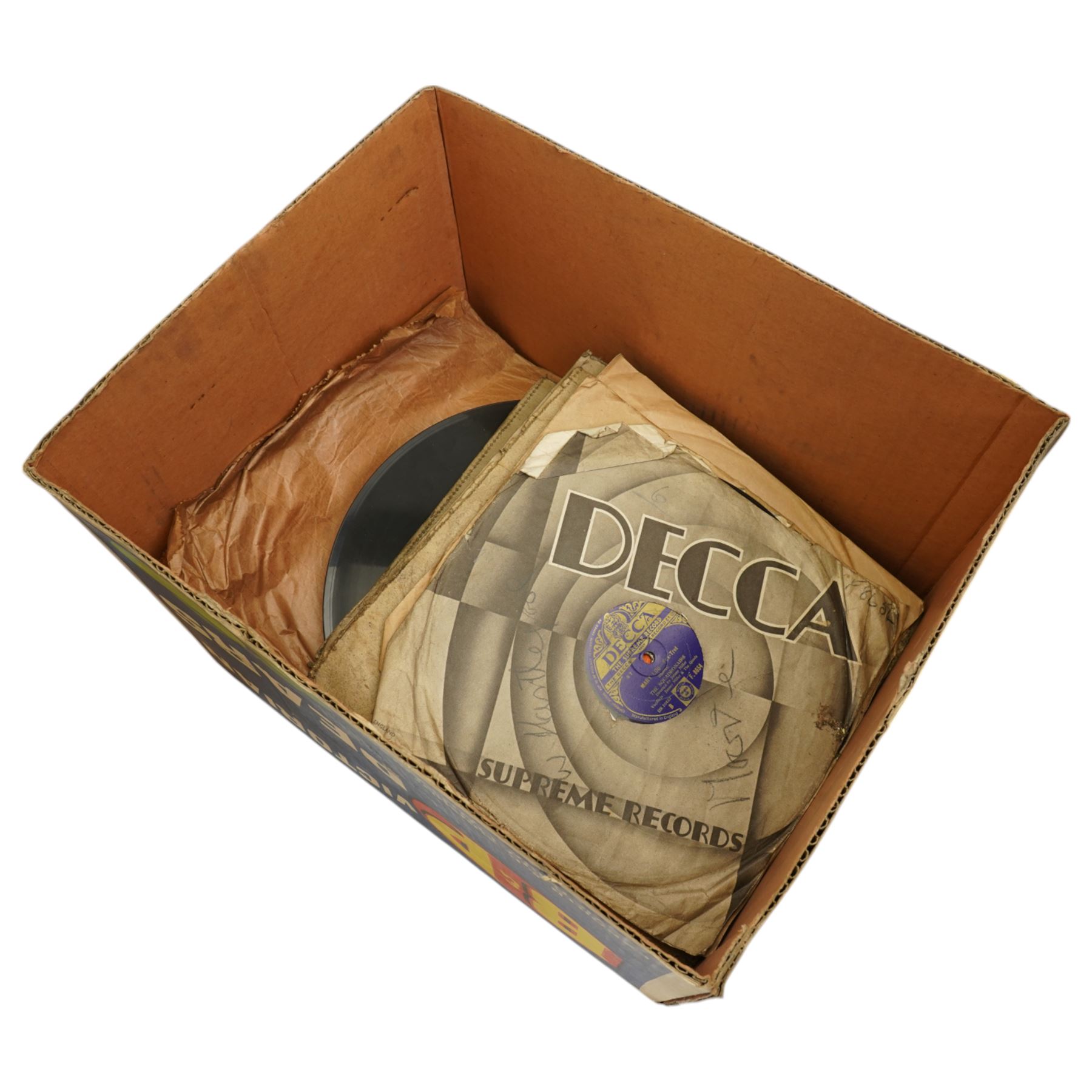 Columbia No.202 portable 'picnic' gramophone with integral winding handle and side carrying handle, L41cm; together with an Ormond art deco speaker and a quantity of mostly 78rpm records 