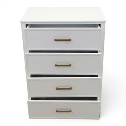 Dorel Home - Modern chest of drawer, white painted rectangular top above, four drawers with bronze metal handles, on tapered supports 