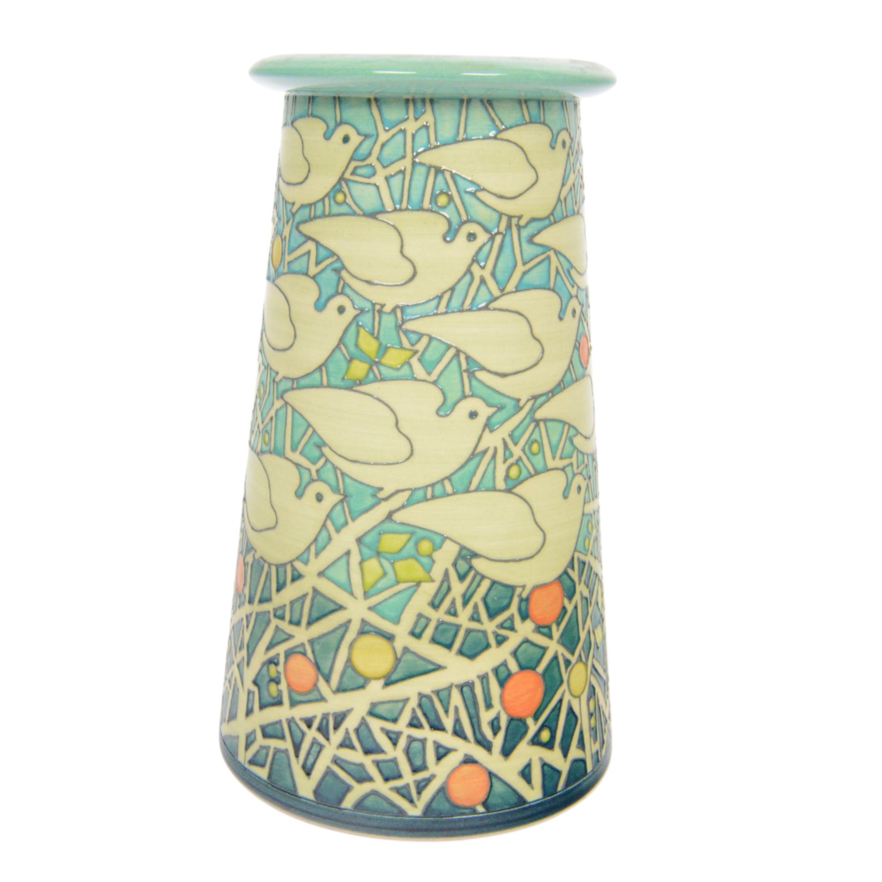 Dennis Chinaworks 'Time Flies' 20th Anniversary vase, designed by Sally Tuffin dated 2013 and numbered 8, of tapering cylindrical form with flared rim, decorated with doves upon a tube lined blue/green ground, with impressed and painted marks beneath, H24cm