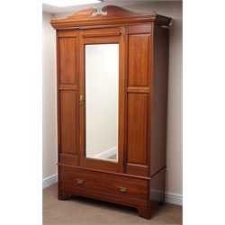  Edwardian walnut single wardrobe, swan neck pediment, projecting cornice, single door with full length bevel edge mirror, single drawer, W123cm, H217cm, D52cm  