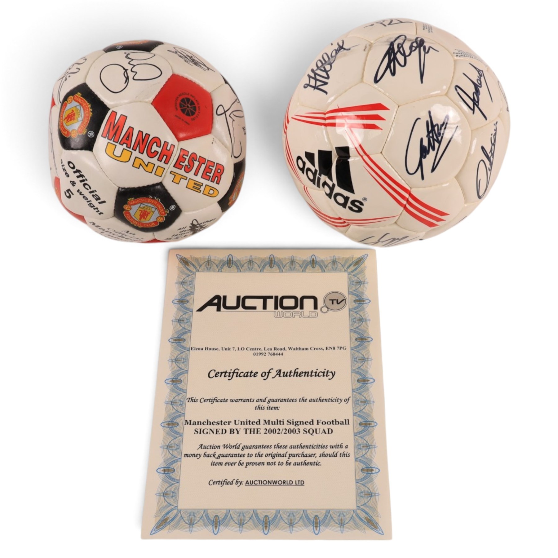 Manchester United football, signed by 2002/2003 season squad, with certificate of authenticity, together with a signed Adidas Classique AC Milan football