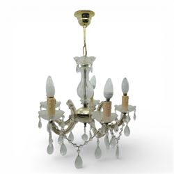 Mid-20th century glass and brass five branch chandelier, with glass drops and drip trays 