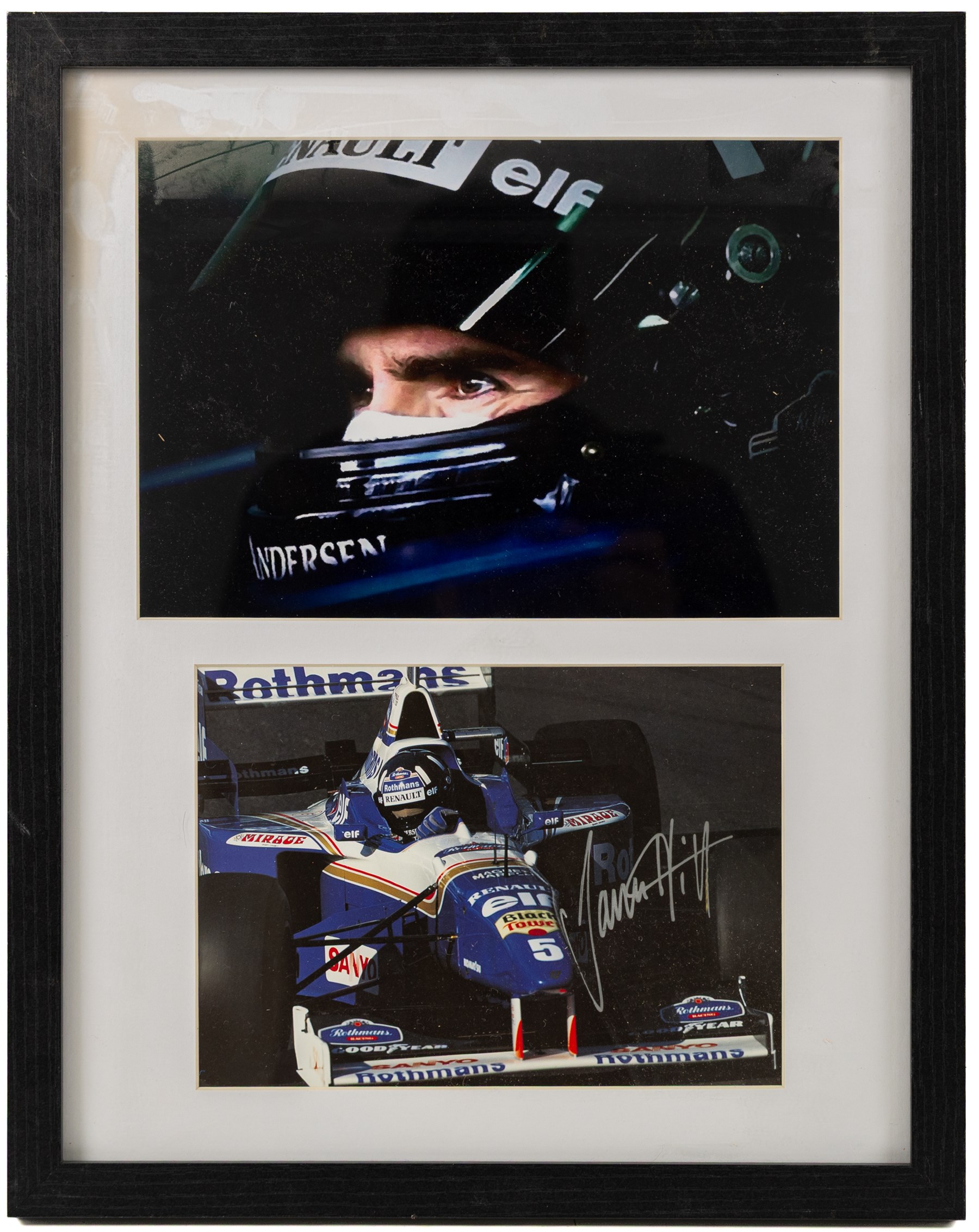 Ten signed Formula 1 photographs, comprising eight Damon Hill examples, Jenson Button and a Nigel Mansell example, nine with certificates of authenticity from Write Stuff Autographs, all framed, largest H47cm, W67cm