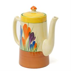 Clarice Cliff Autumn Crocus pattern part coffee service for six, comprising coffee pot and cover, six coffee cups and four saucers, and a milk jug, with Bizarre and printed marks to base, coffee pot H19cm
