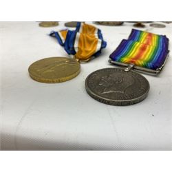 WW1 pair of medals comprising British War Medal and Victory Medal awarded to 24085 Sjt. J. Hazle Durh. L.I.; together with Durham Light Infantry cap and collar badges, shoulder titles, buttons etc; various royalty commemorative medallions etc