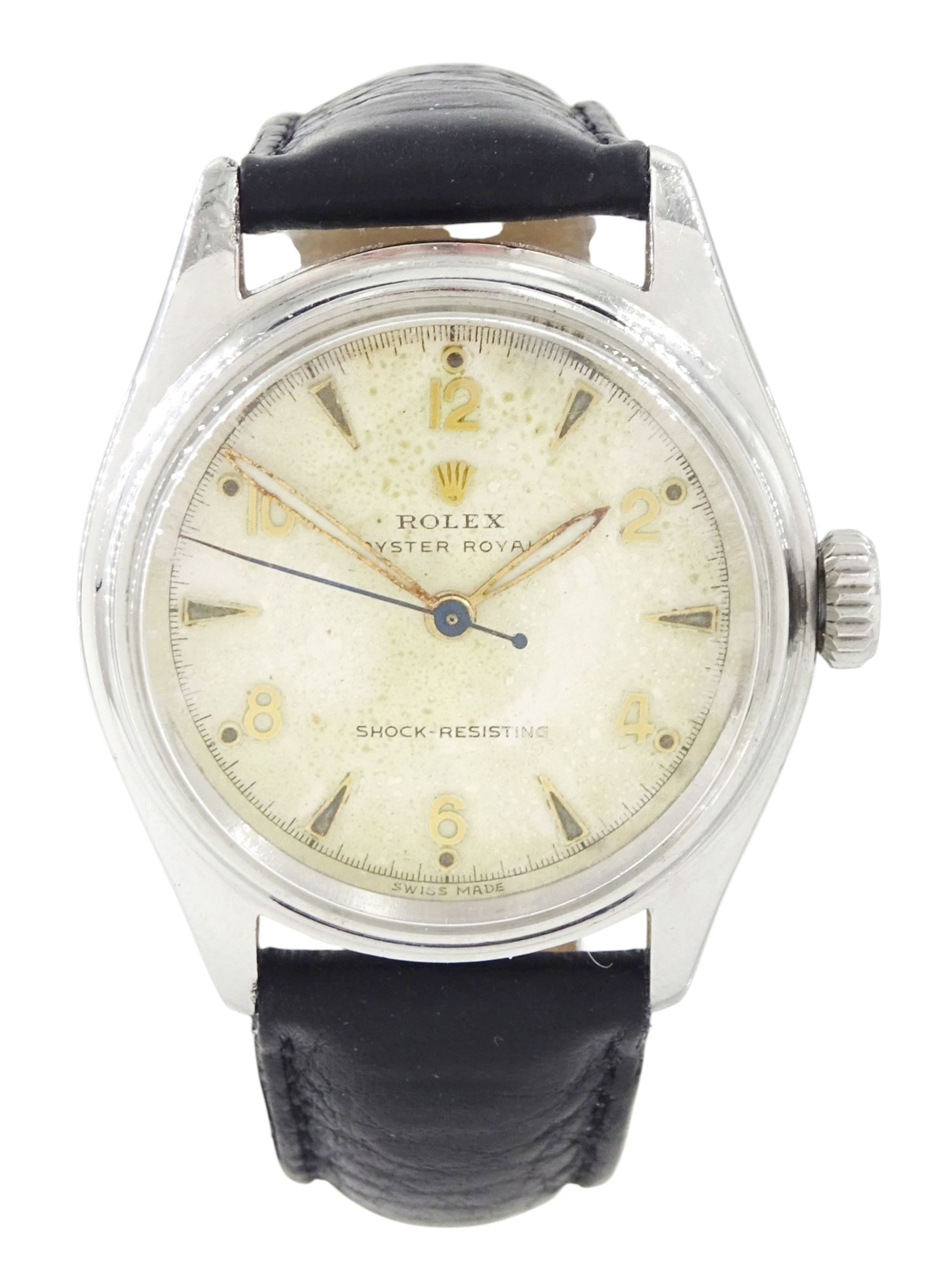 Rolex Oyster Royal gentleman's stainless steel manual wind wristwatch, circa 1951, Ref. 6044, serial No. 720560, on black leather strap