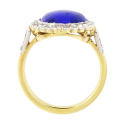 Early - mid 20th century 18ct gold and platinum lapis lazuli and diamond cluster ring, oval cut lapis lazuli surrounded by milgrain set rose cut diamonds, with diamond set shoulders