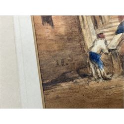 Early 20th century Continental School - watercolour of a Munich street scene entitled verso 'Markttag direkt an der Marienplatz', further manuscript inscription verso 'Eine ruhige Eike des alten Münchens'; signed lower left with initials A.H.; unframed in later mount 28.5 x 20cm. Auctioneer's Note: This painting bears similarities to the work of the young Adolf Hitler during his fifteen month stay in Munich before WWI. Various views of the Marienplatz were painted by Adolf Hitler during this period all signed with his initials and of a similar size and palette. Sold with photocopies of comparable paintings.