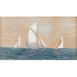 American School (19th century): Racing Yachts, watercolour and gouache indistinctly signed and dated San Francisco 18th August 1896, 22cm x 38cm
English School (19th century): 'Mr Green's Ship 'Agamemnon' with Troops for India 1857, watercolour unsigned 16cm x 24cm (2)