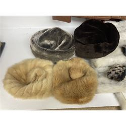 Collection of ladies vintage coats and hats, to include red leather three quarter length two faux fur examples, two fur hats etc 