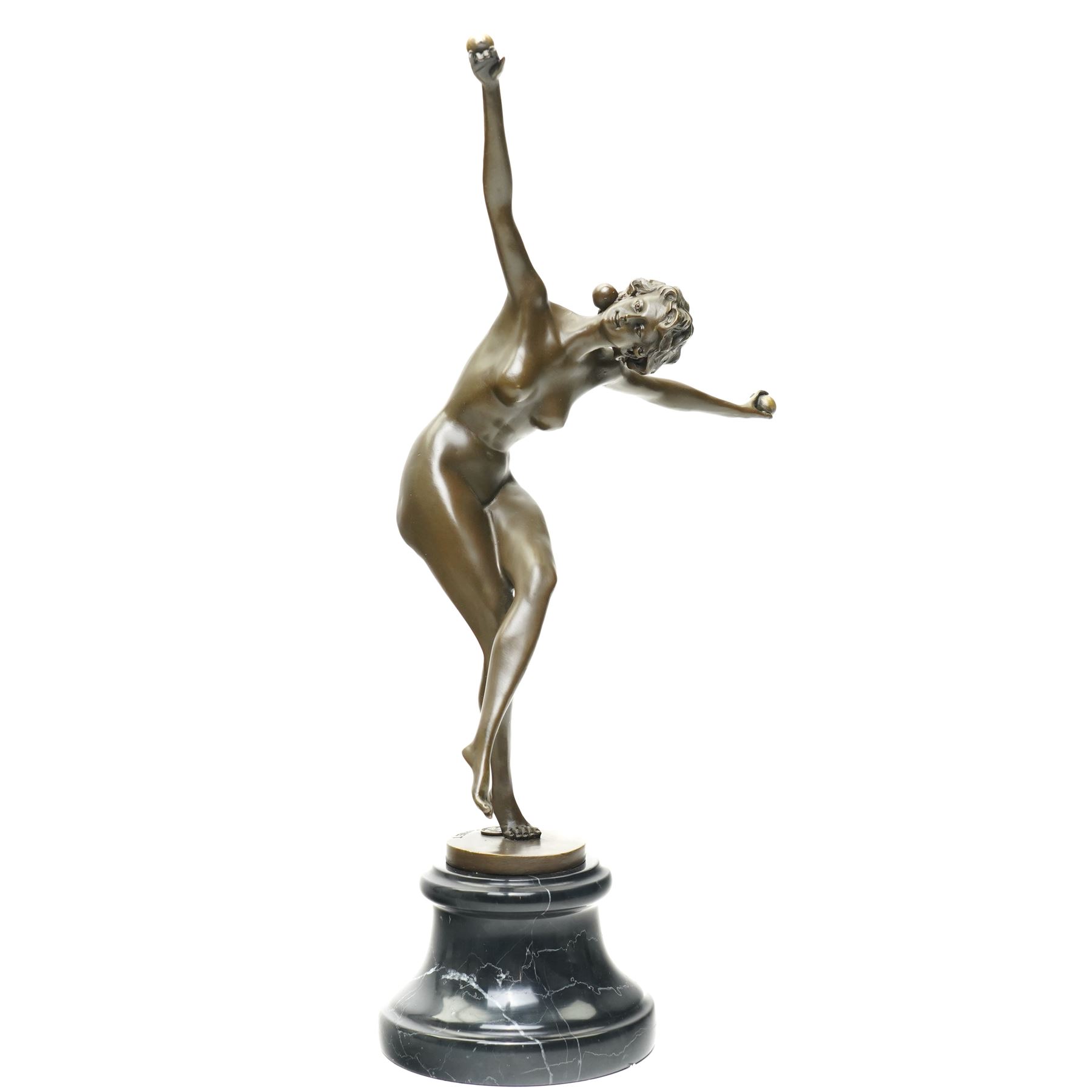 After Colinet - art deco style bronze of a juggler, on circular marble base, H43cm