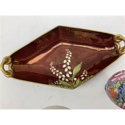 Shelley Cloisonne pattern vase, Carlton Ware Rouge Royal pattern twin handed dish and ash tray decorated with pagoda and Poole Delphis shallow bowl with geometric decoration on orange ground, largest L28cm