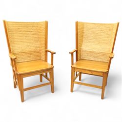 Pair of 20th century full-size pine Orkney chairs, high-back armchairs of traditional design, pegged and wedged construction, wrap-around backrest and sides, above scrolled out-swept arms and solid rounded pine seat, raised on square tapering legs united by stretchers, hand-signed ‘Jackie Miller’ and stamped ‘Orkney’
